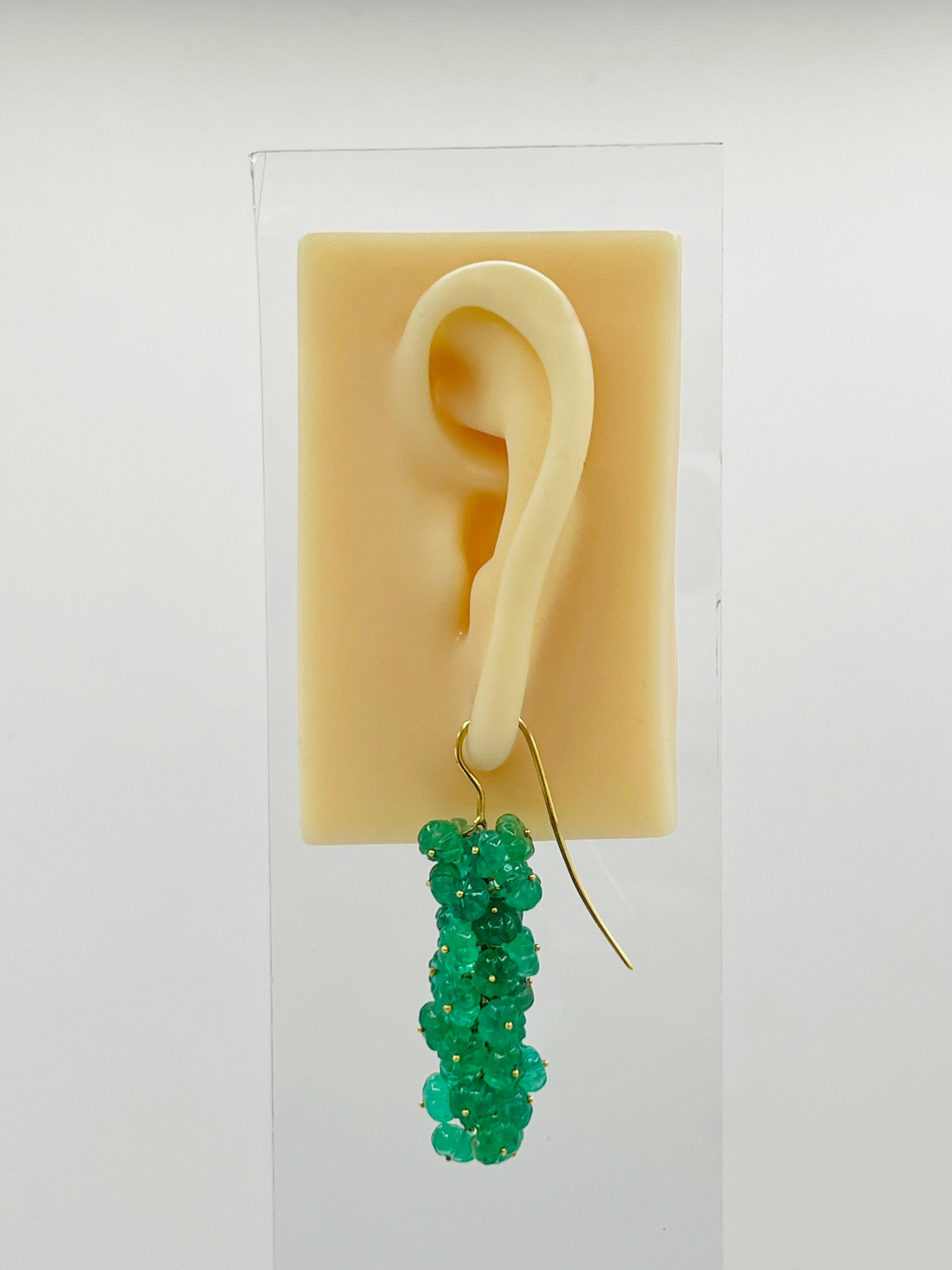 Bead Carved Emerald Dangle Earrings in 18K Yellow Gold For Sale