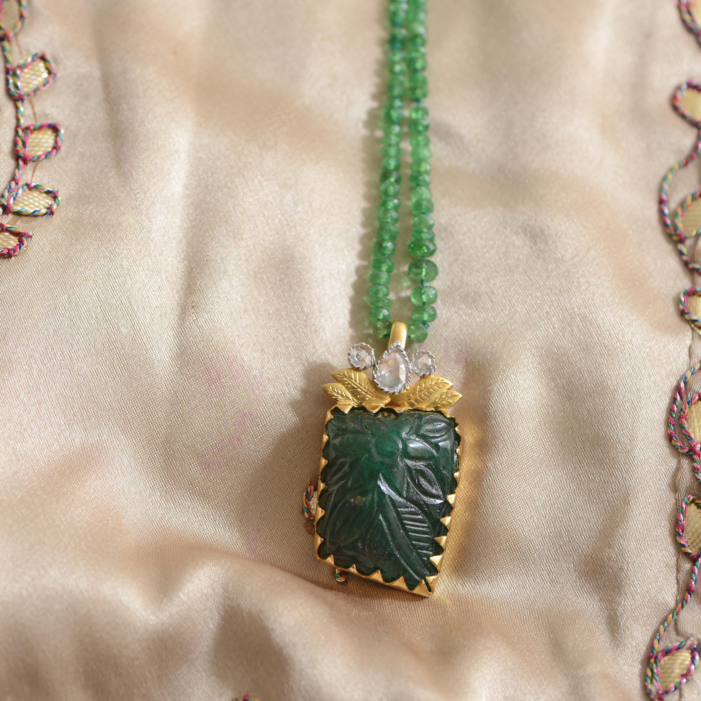 Artisan Carved Emerald Diamond 18k Gold Pendant For Sale