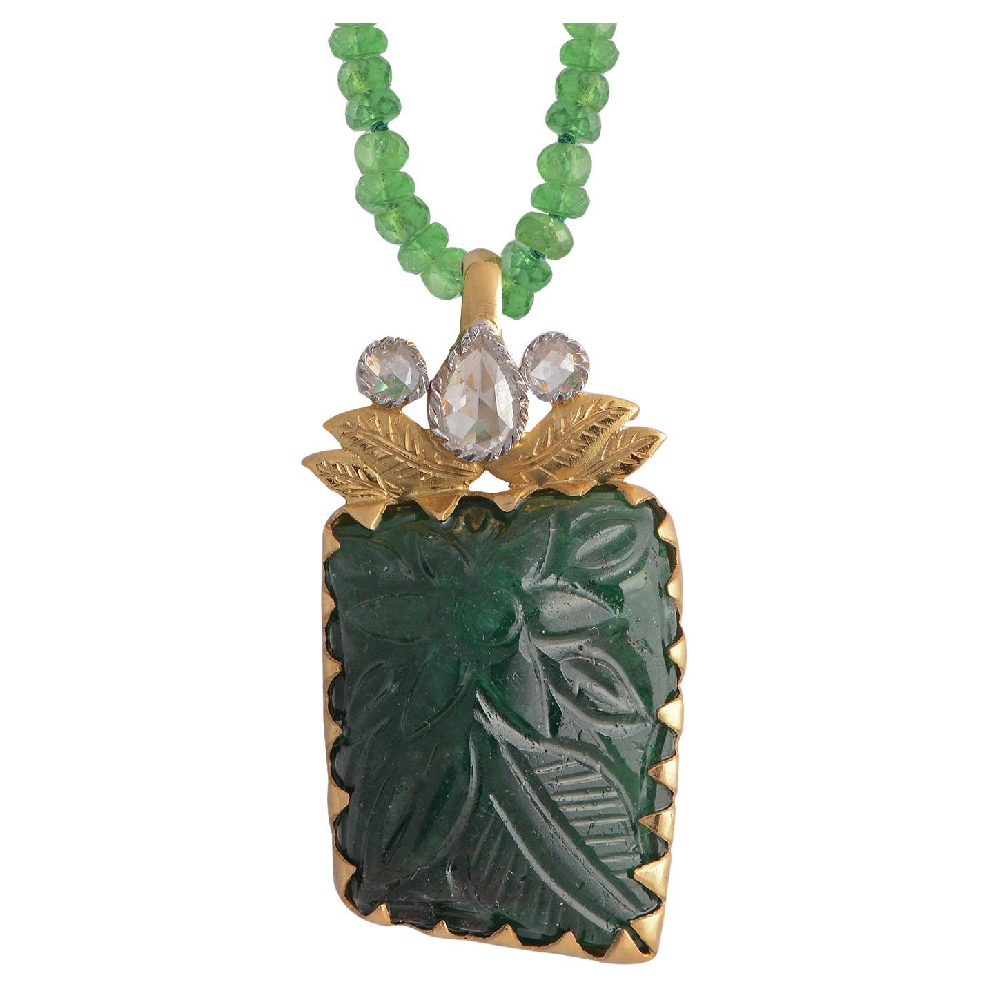 Carved Emerald Diamond 18k Gold Pendant For Sale