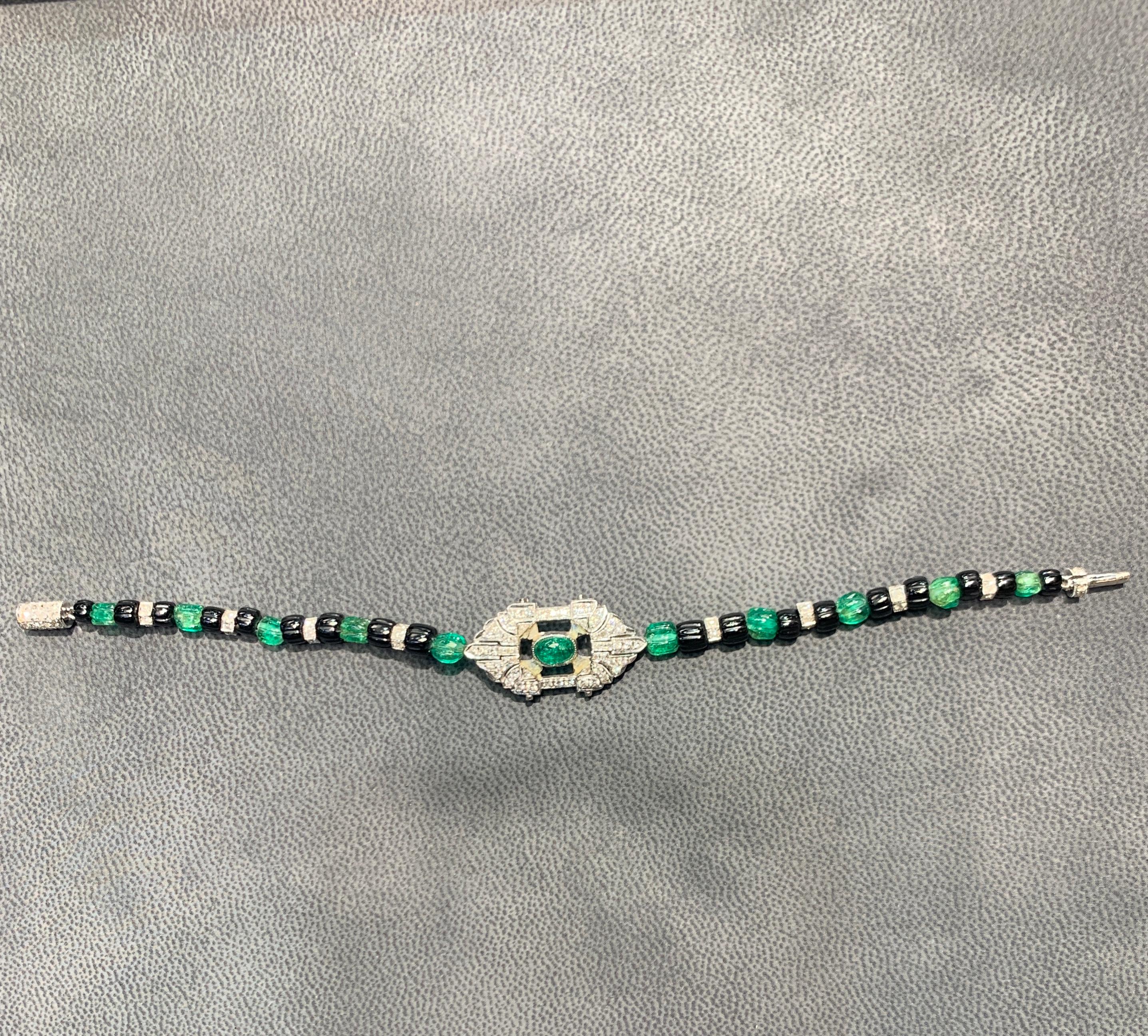 Cabochon Carved Emerald and Diamond Art Deco Bracelet For Sale
