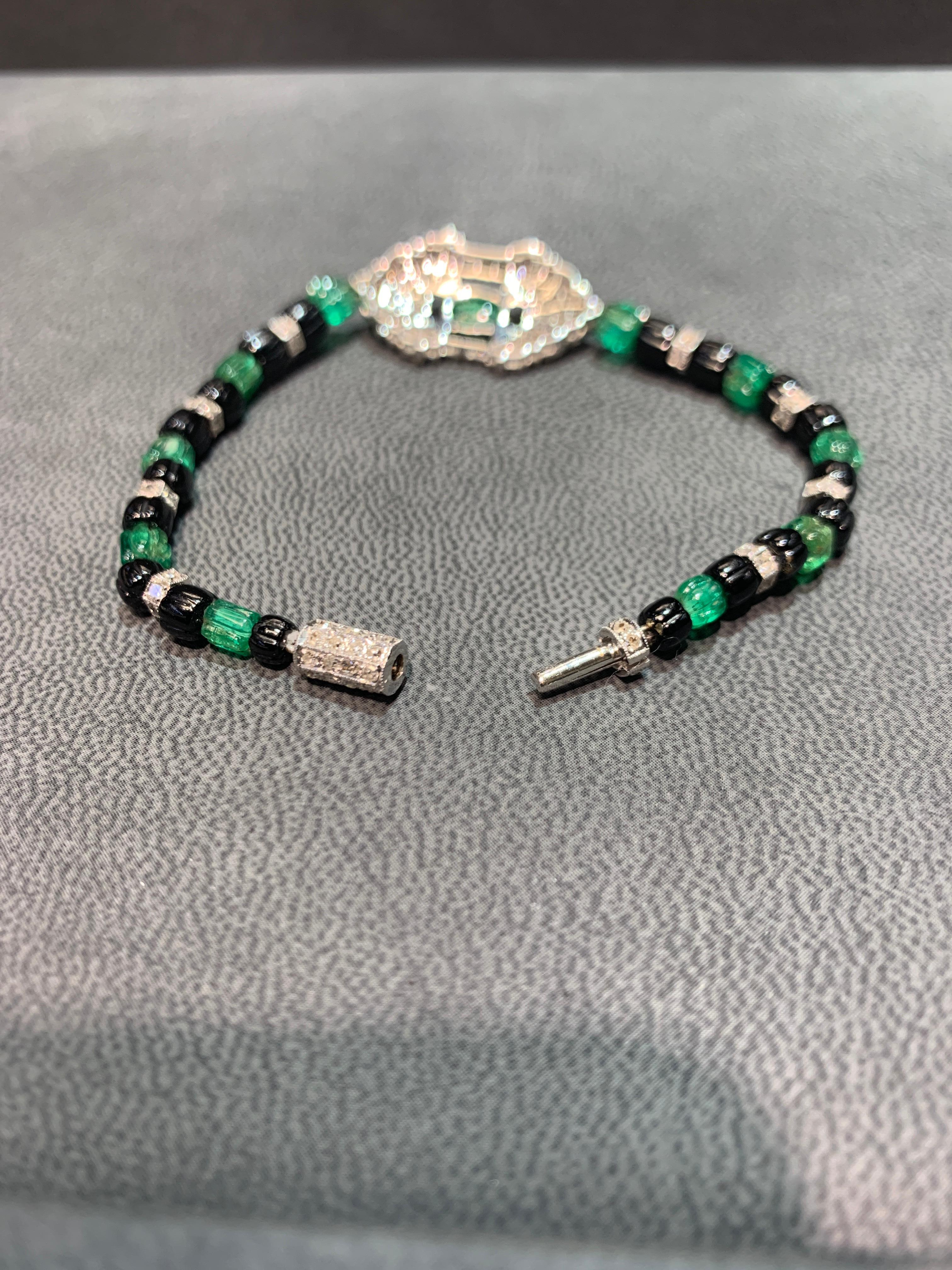 Women's or Men's Carved Emerald and Diamond Art Deco Bracelet For Sale