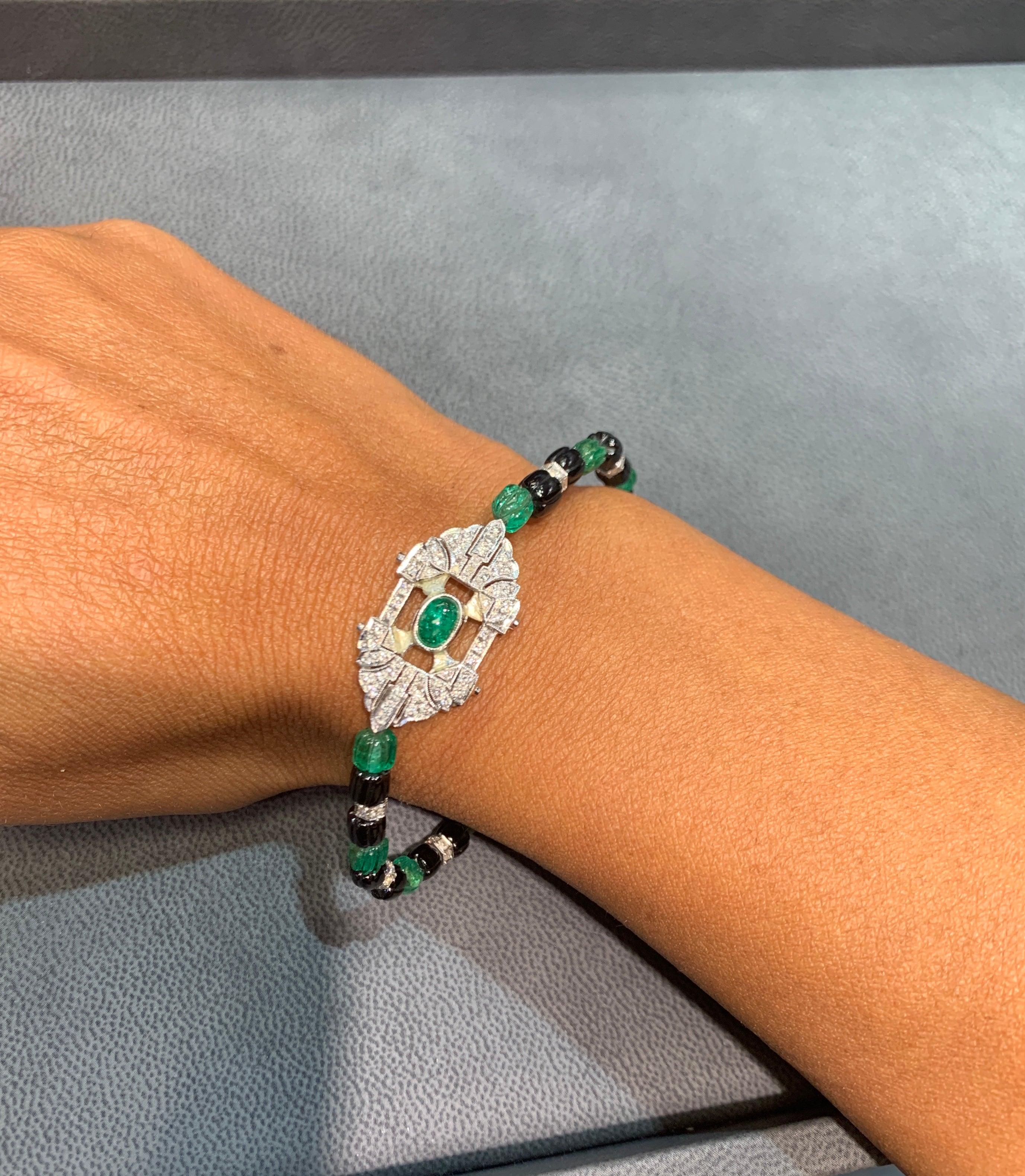 Carved Emerald and Diamond Art Deco Bracelet For Sale 2