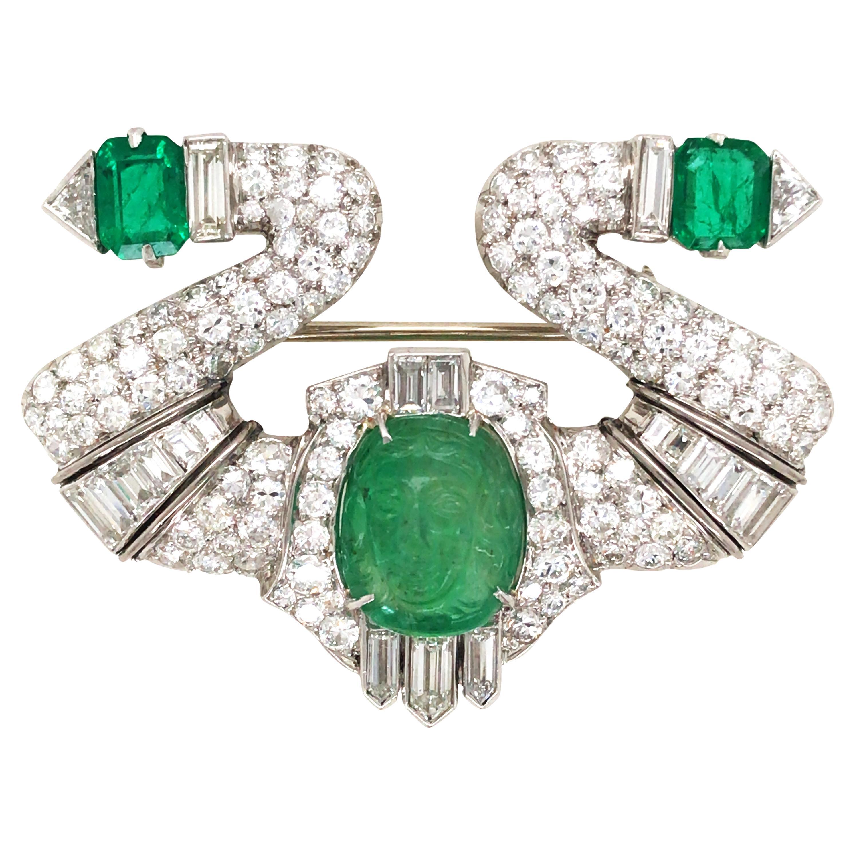 Carved Emerald Diamond Brooch
