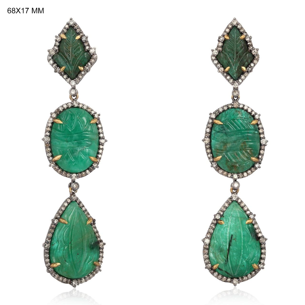 Artisan Carved Emerald Diamond Earrings For Sale