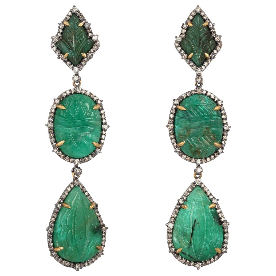 Carved Emerald Diamond Earrings For Sale