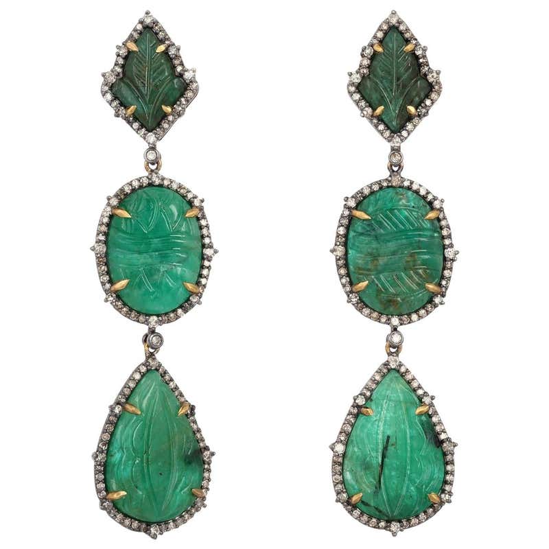Carved Tanzanite Emerald Diamond Earrings at 1stDibs