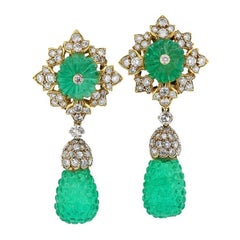 Carved Emerald Diamond Gold Drop Earrings
