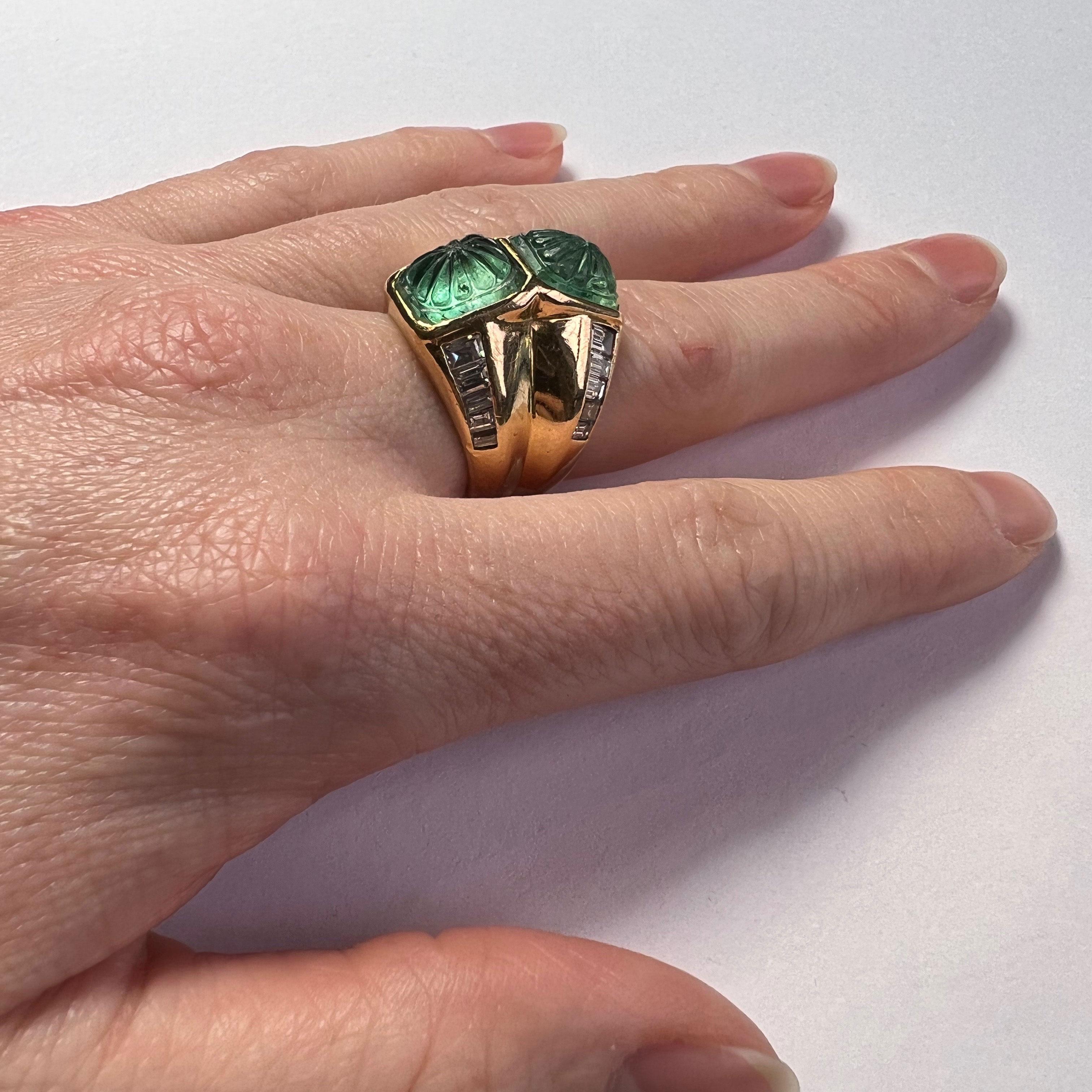 Modernist Carved Emerald Diamond Gold Ring