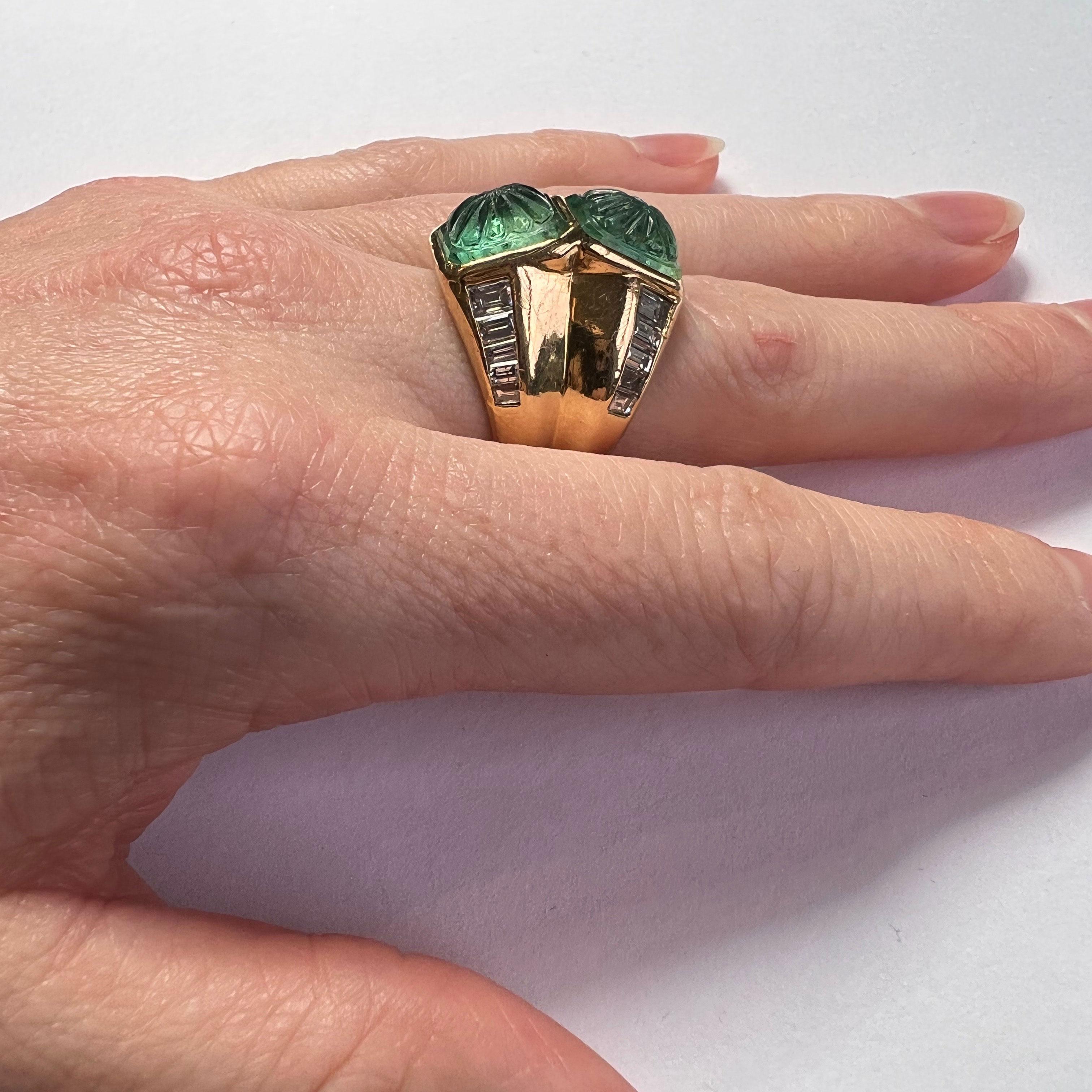 Baguette Cut Carved Emerald Diamond Gold Ring