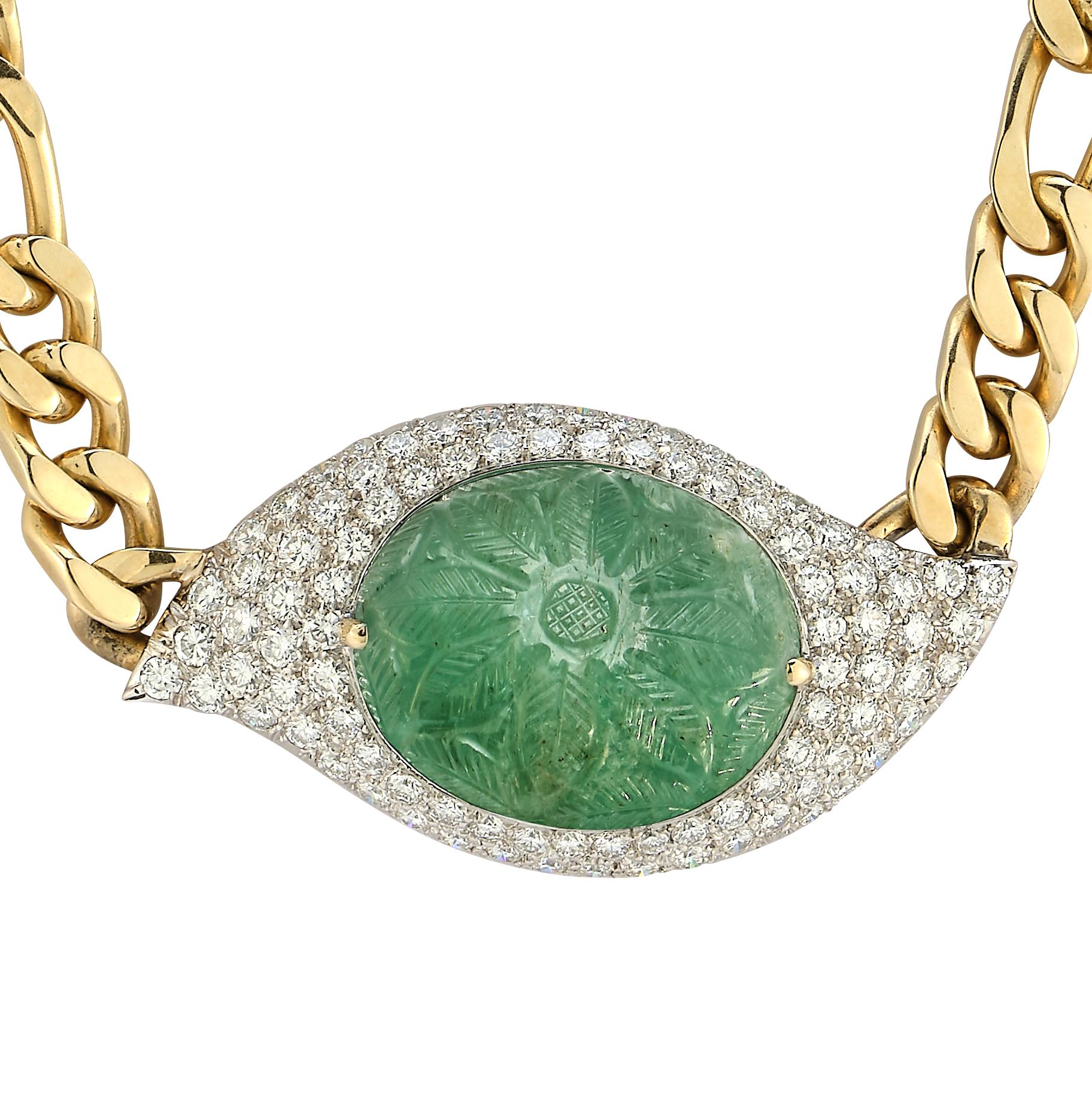 Rétro Collier à maillons en émeraude sculptée et diamant en vente