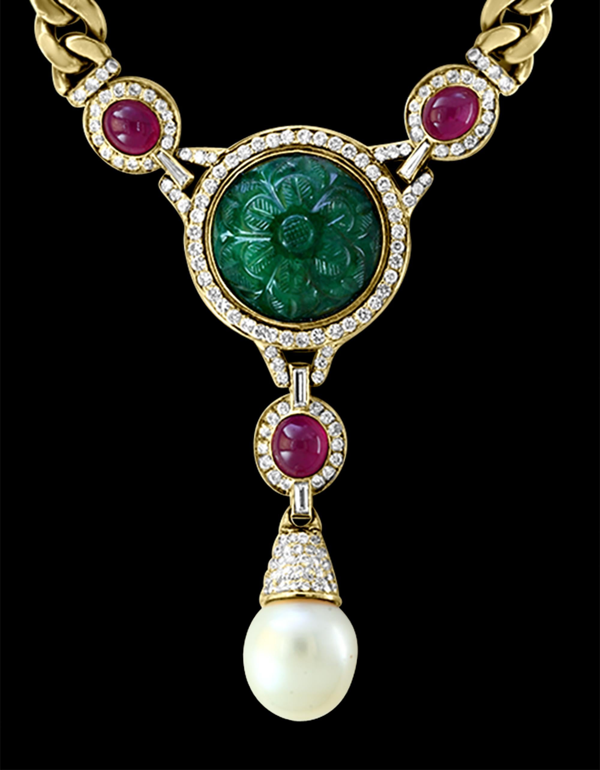 Women's Carved Emerald Diamond Pearl and Ruby Bridal Drop Necklace 18 Karat Gold