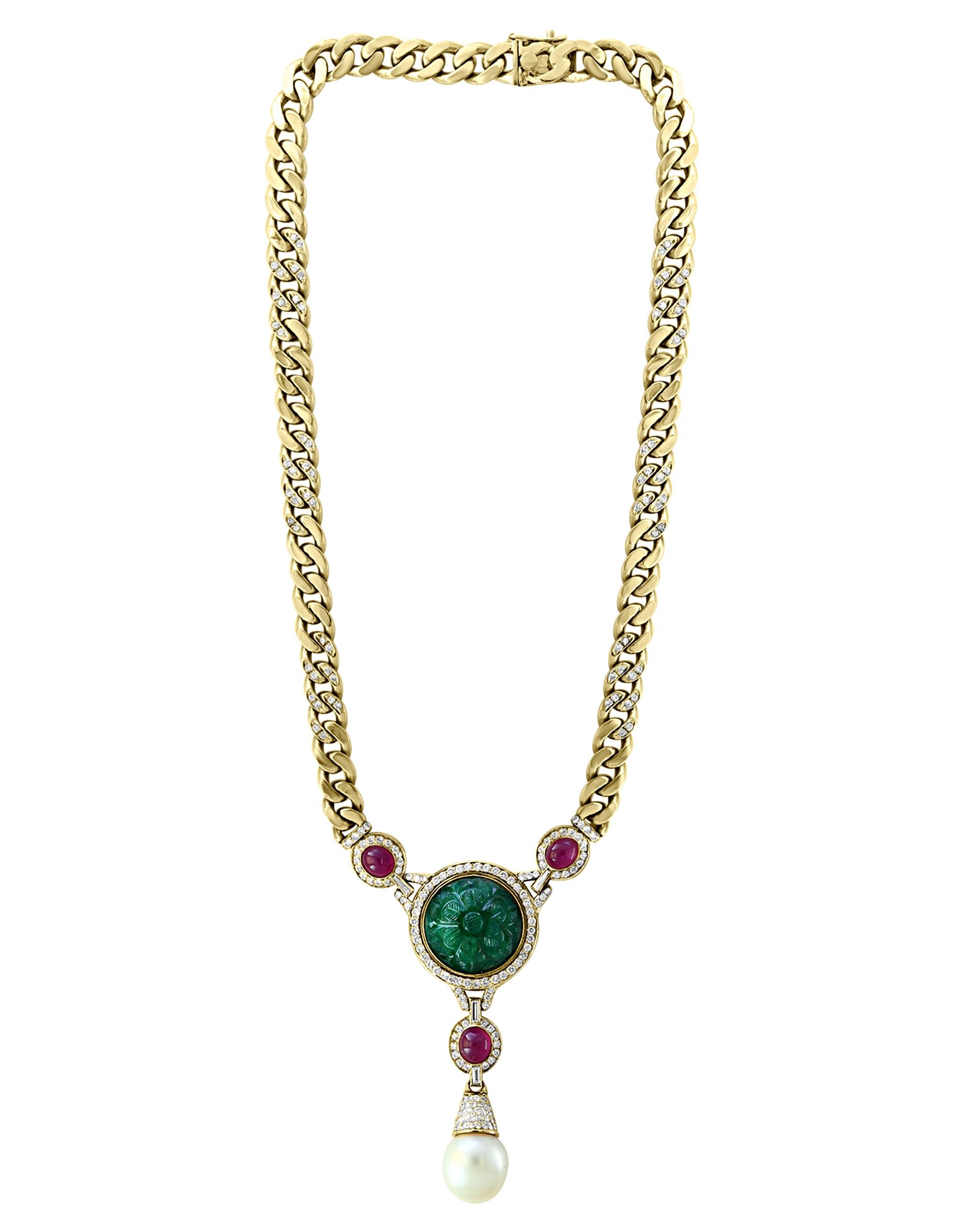 Carved Emerald Diamond Pearl and Ruby Bridal Drop Necklace 18 Karat Gold 1