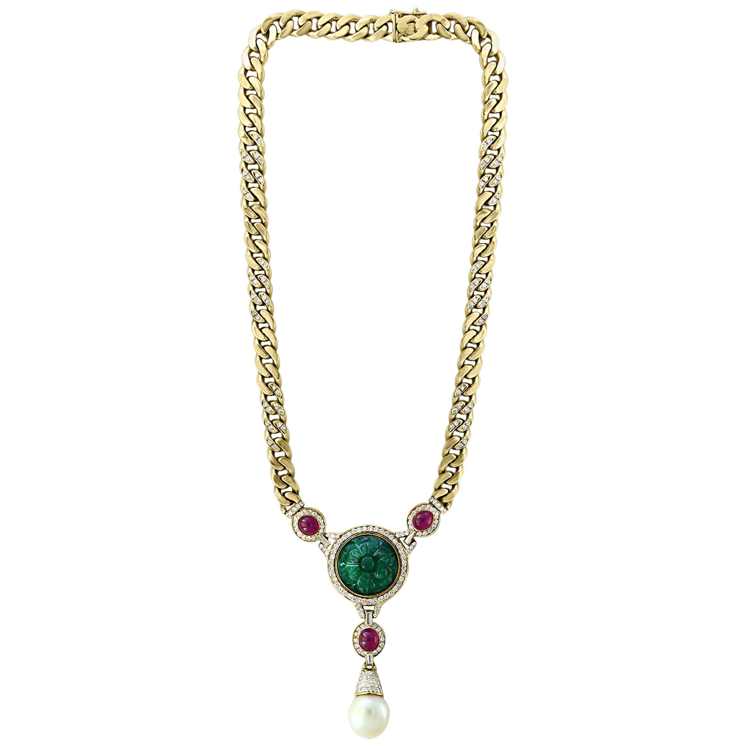 Carved Emerald Diamond Pearl and Ruby Bridal Drop Necklace 18 Karat Gold
