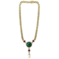 Carved Emerald Diamond Pearl and Ruby Bridal Drop Necklace 18 Karat Gold