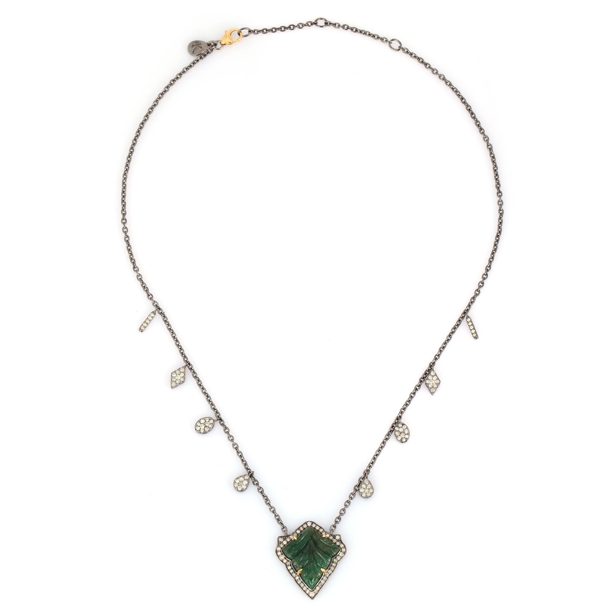 Artisan Carved Emerald Diamond Pendant Necklace For Sale