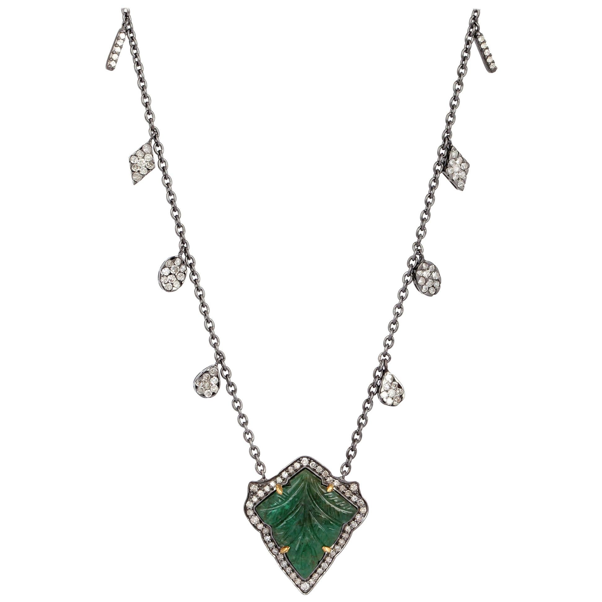 Carved Emerald Diamond Pendant Necklace For Sale