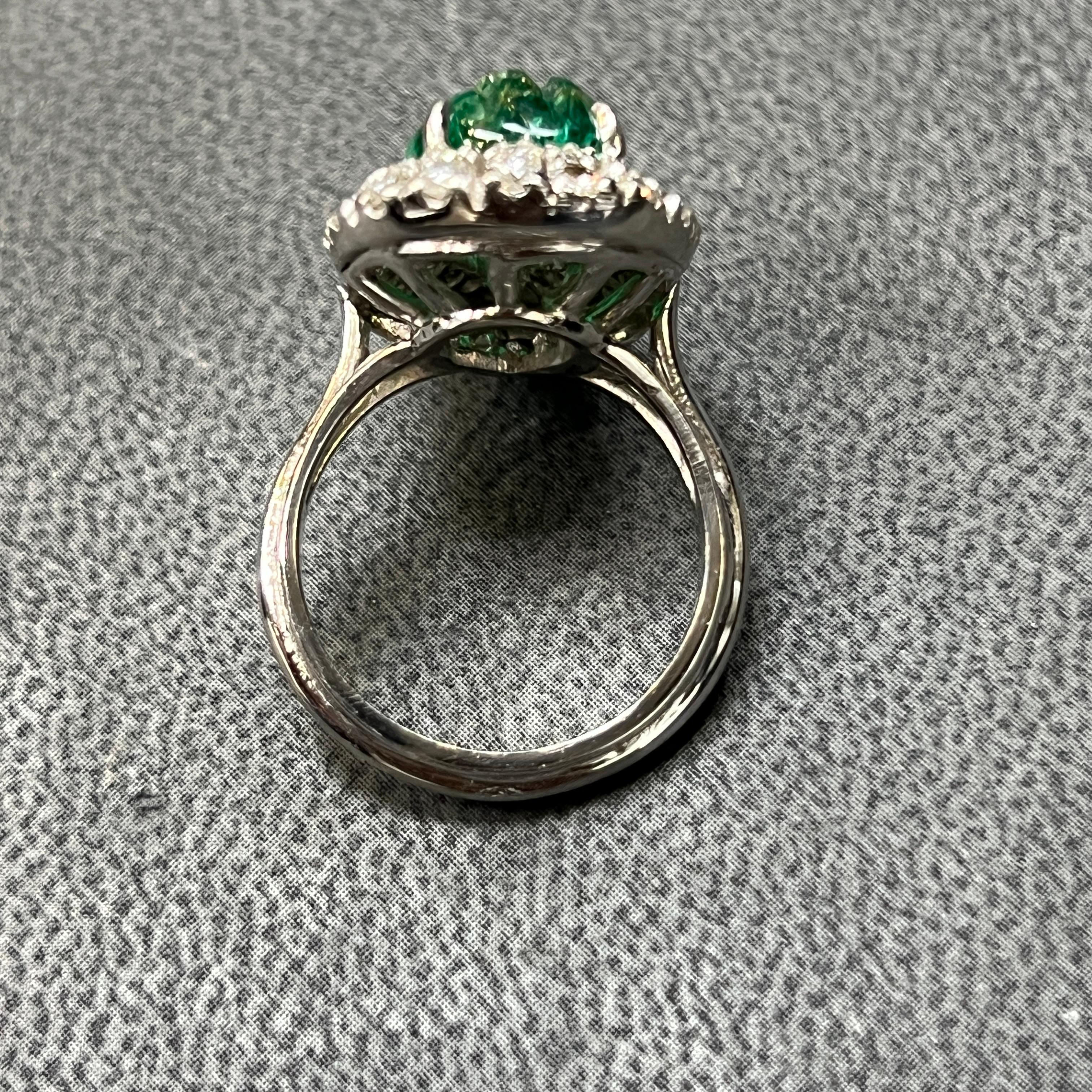 Carved Emerald & Diamond Ring For Sale 1