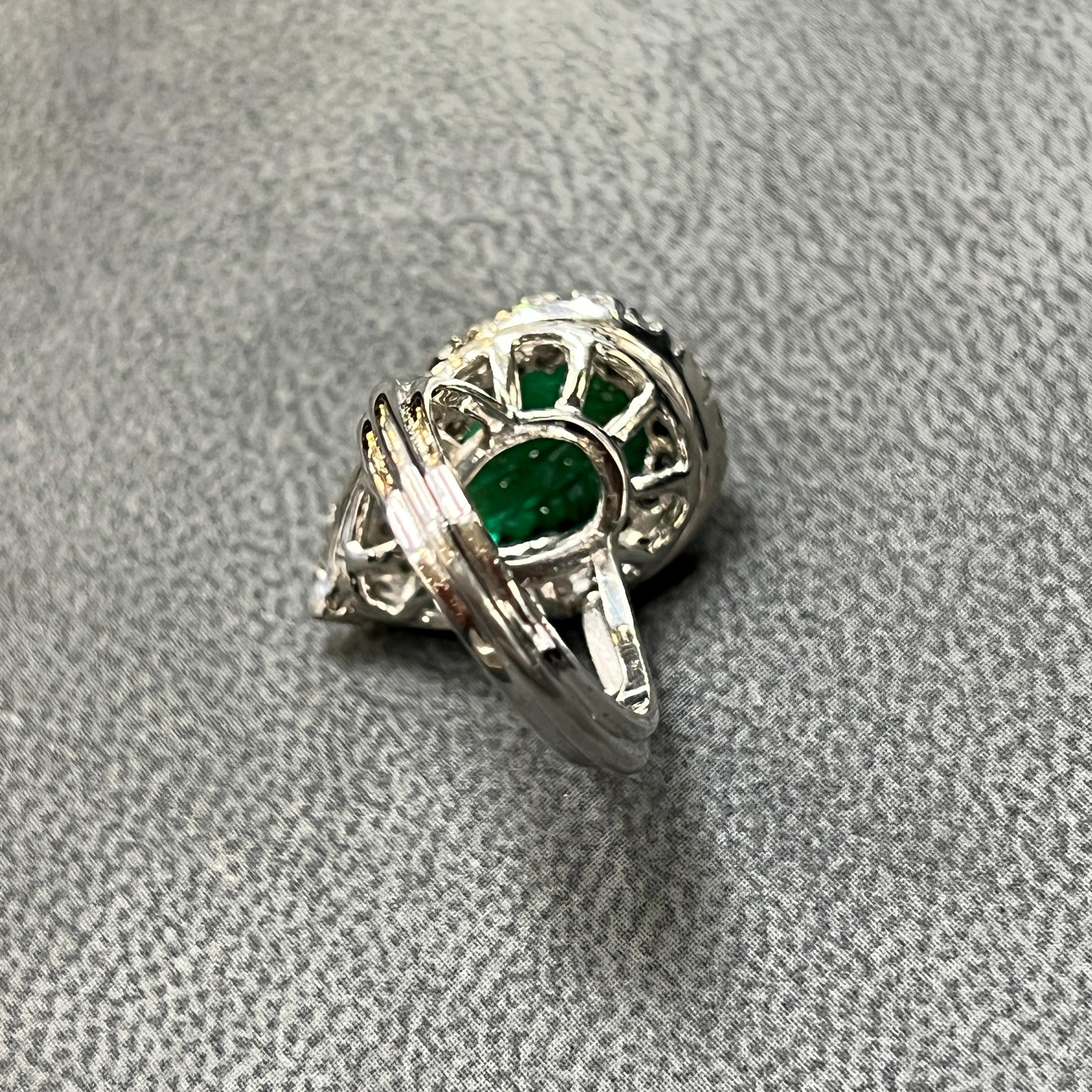 Carved Emerald & Diamond Ring For Sale 2