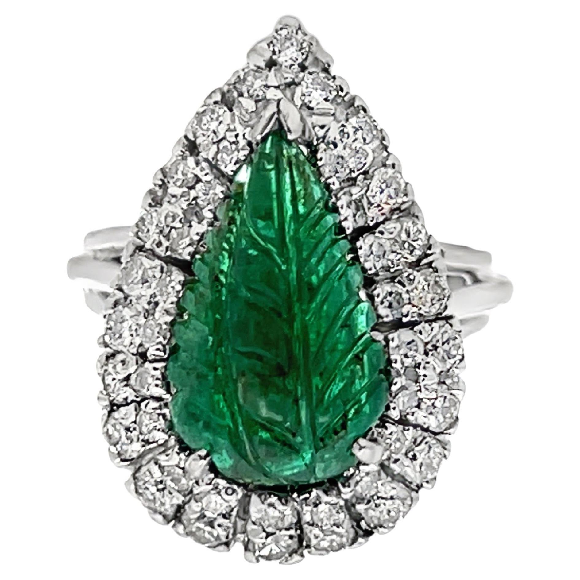 Carved Emerald & Diamond Ring For Sale