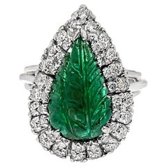Carved Emerald & Diamond Ring