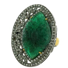 Carved Emerald Diamond Ring in Gold and Silver