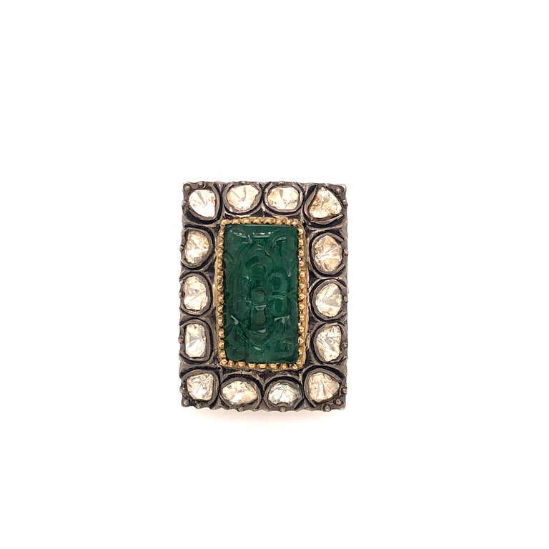 Carved Emerald Diamond Silver Gold Ring For Sale (Free Shipping) at 1stDibs