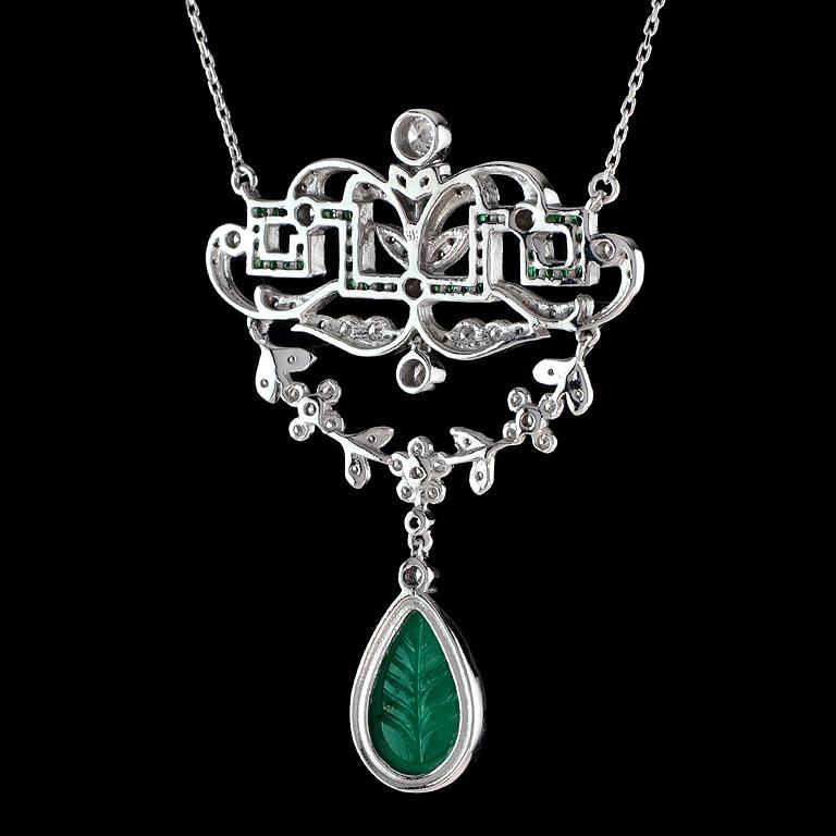 Emerald Cut Carved Emerald Diamonds Necklace