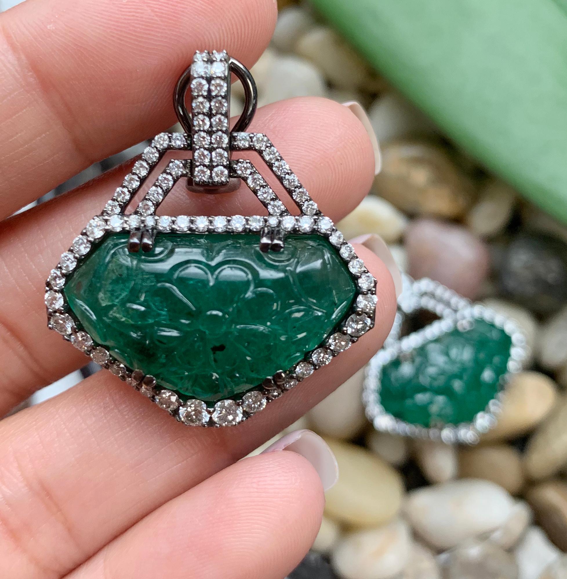 Contemporary Goshwara Carved Emerald And Diamond Earrings