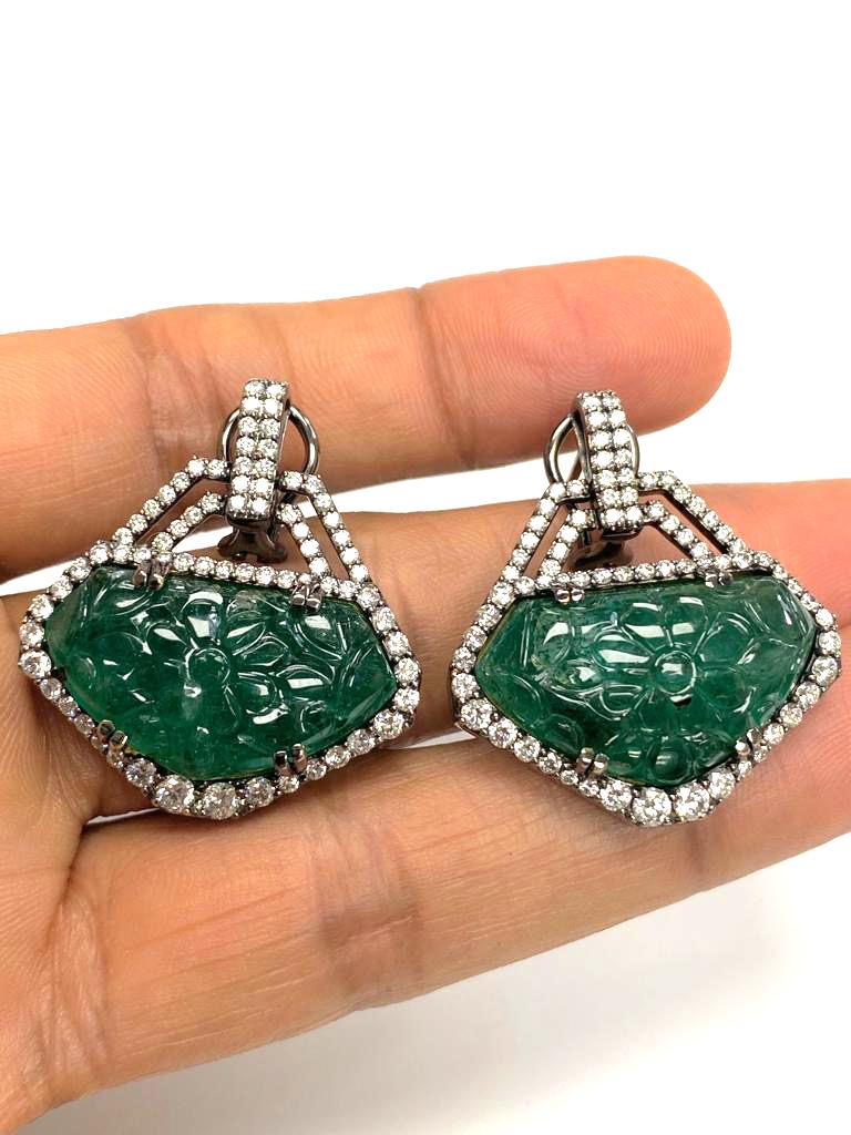 Cabochon Goshwara Carved Emerald And Diamond Earrings