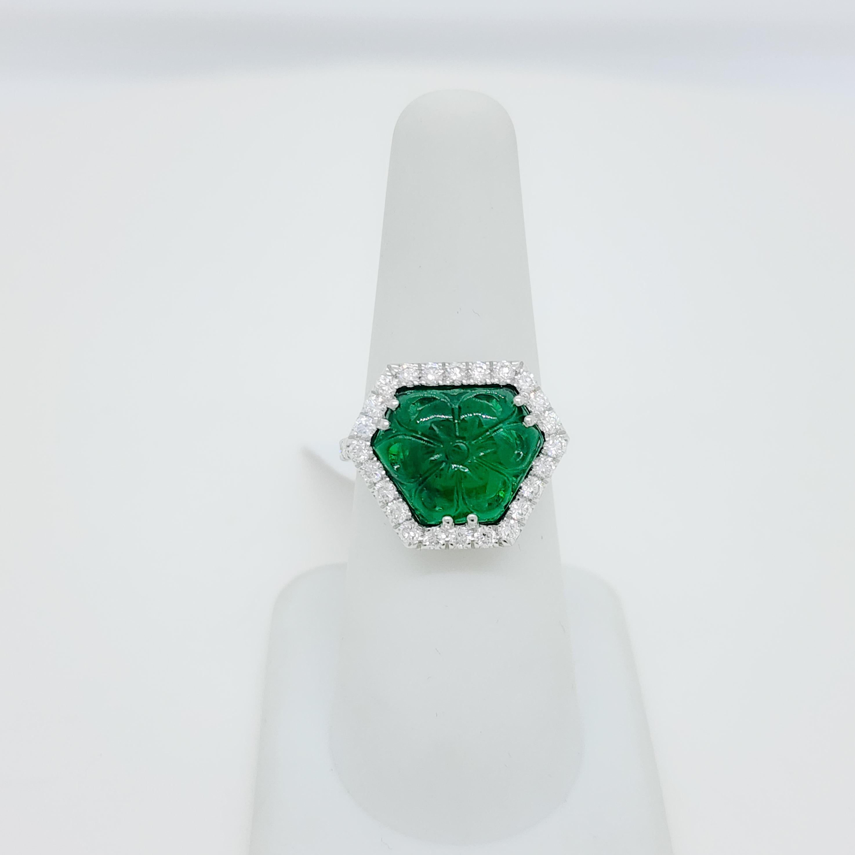 Round Cut Carved Emerald Fancy Shape and White Diamond Round Ring in Platinum For Sale