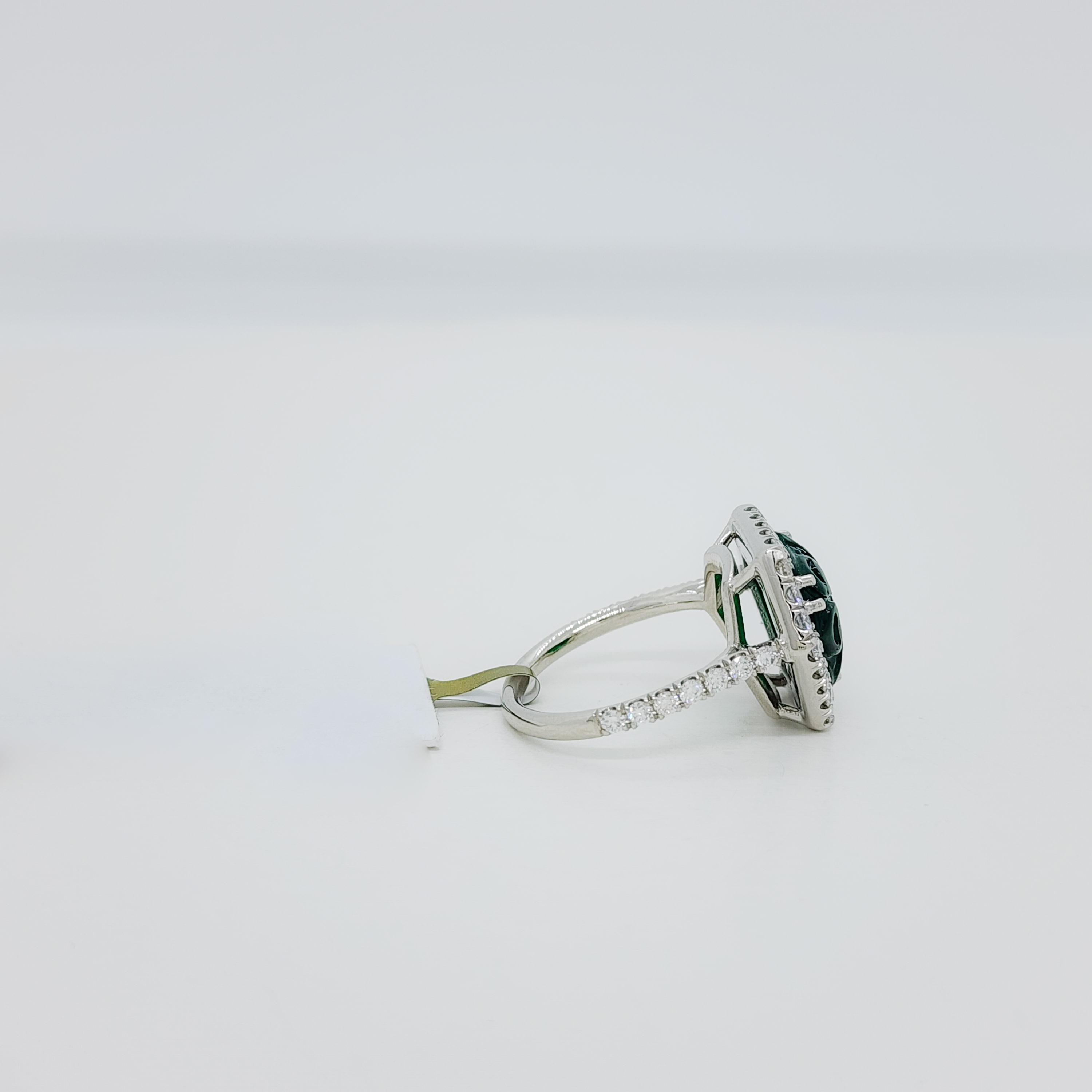 Women's or Men's Carved Emerald Fancy Shape and White Diamond Round Ring in Platinum For Sale