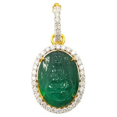Geschnitzte Smaragd-Göttin der Gnade mit Diamant-Anhänger in 18 Karat Goldfassungen