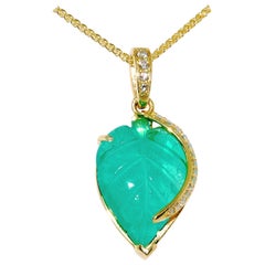 Carved Emerald Leaf in 18 Karat Yellow Gold with Diamond