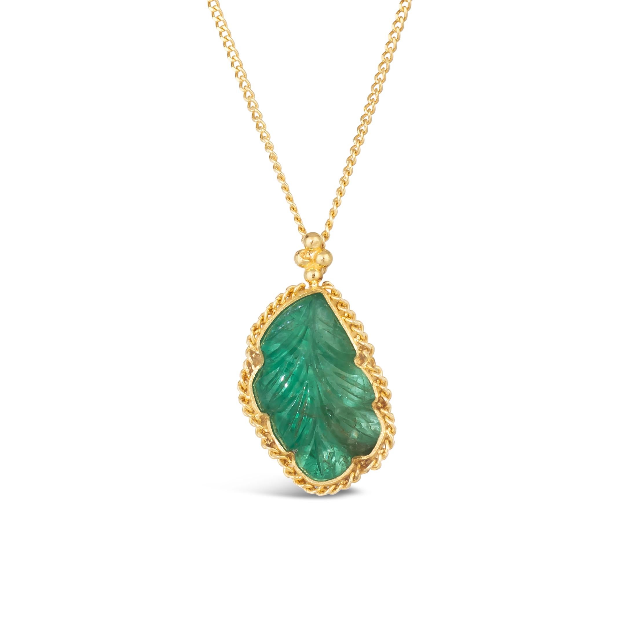 Carved Emerald Leaf Necklace For Sale