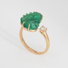 Carved Emerald Leaf Ring Sz 7.5 Diamond Estate 18k Yellow Gold Fine Jewelry