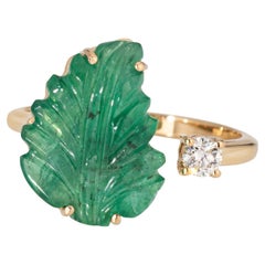 Bague feuille d'émeraude sculptée taille 7,5, ancienne propriété de diamants en or jaune 18 carats