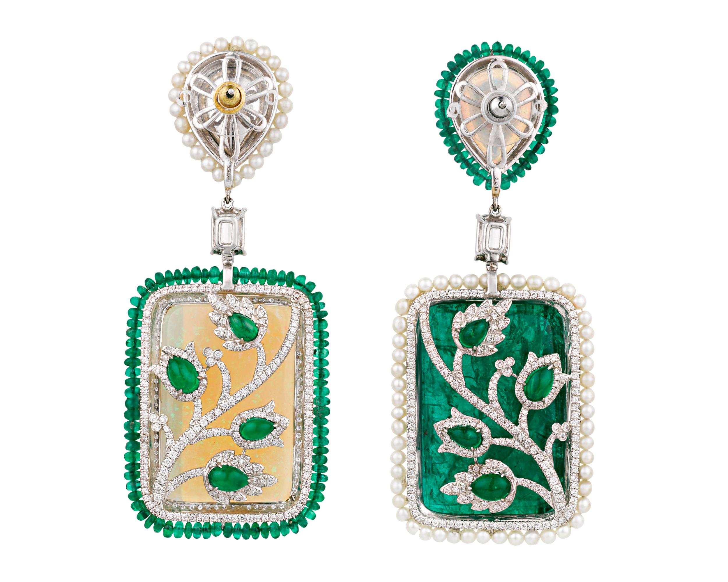 Modern Carved Emerald, Opal and Diamond Earrings