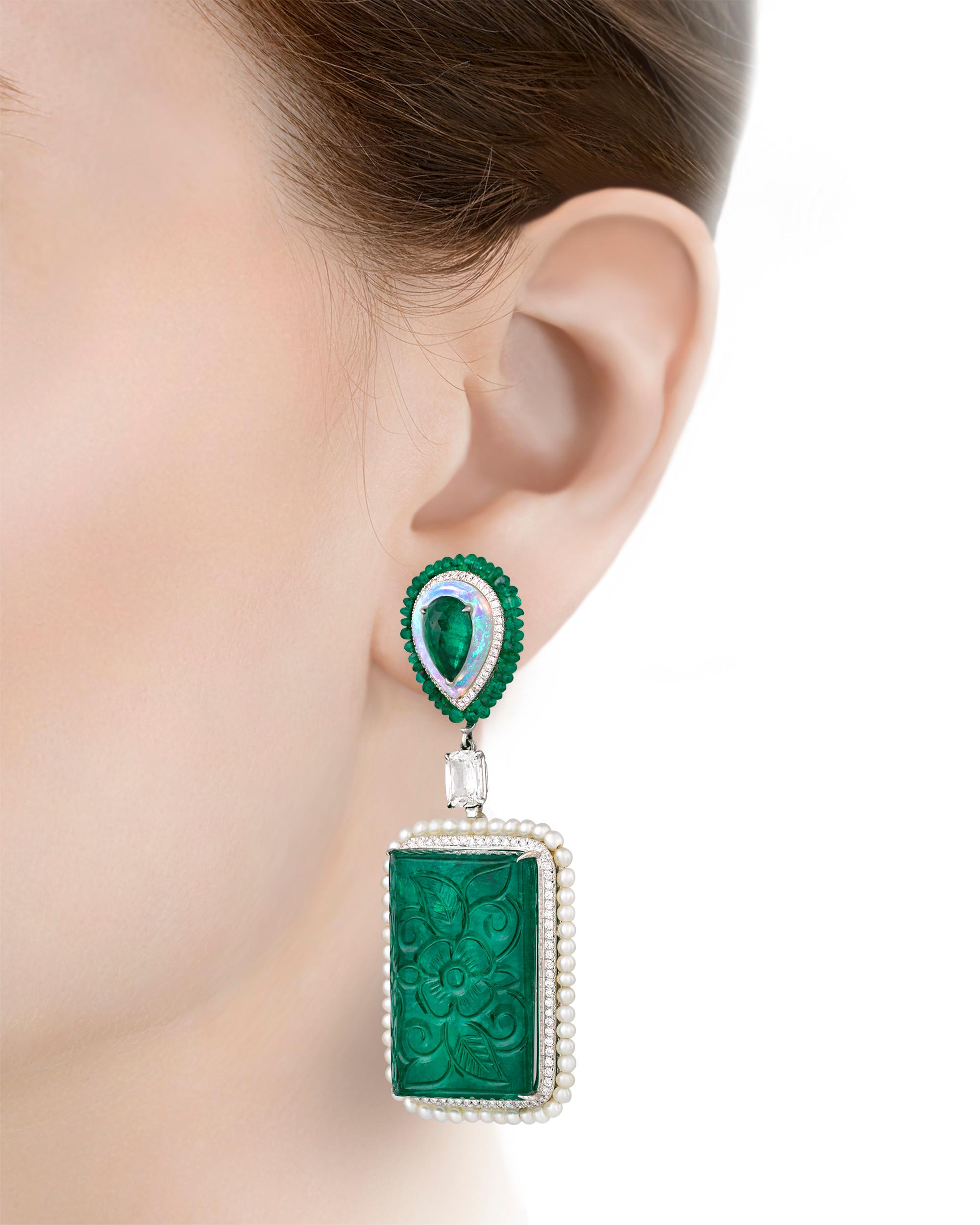 Emerald Cut Carved Emerald, Opal and Diamond Earrings