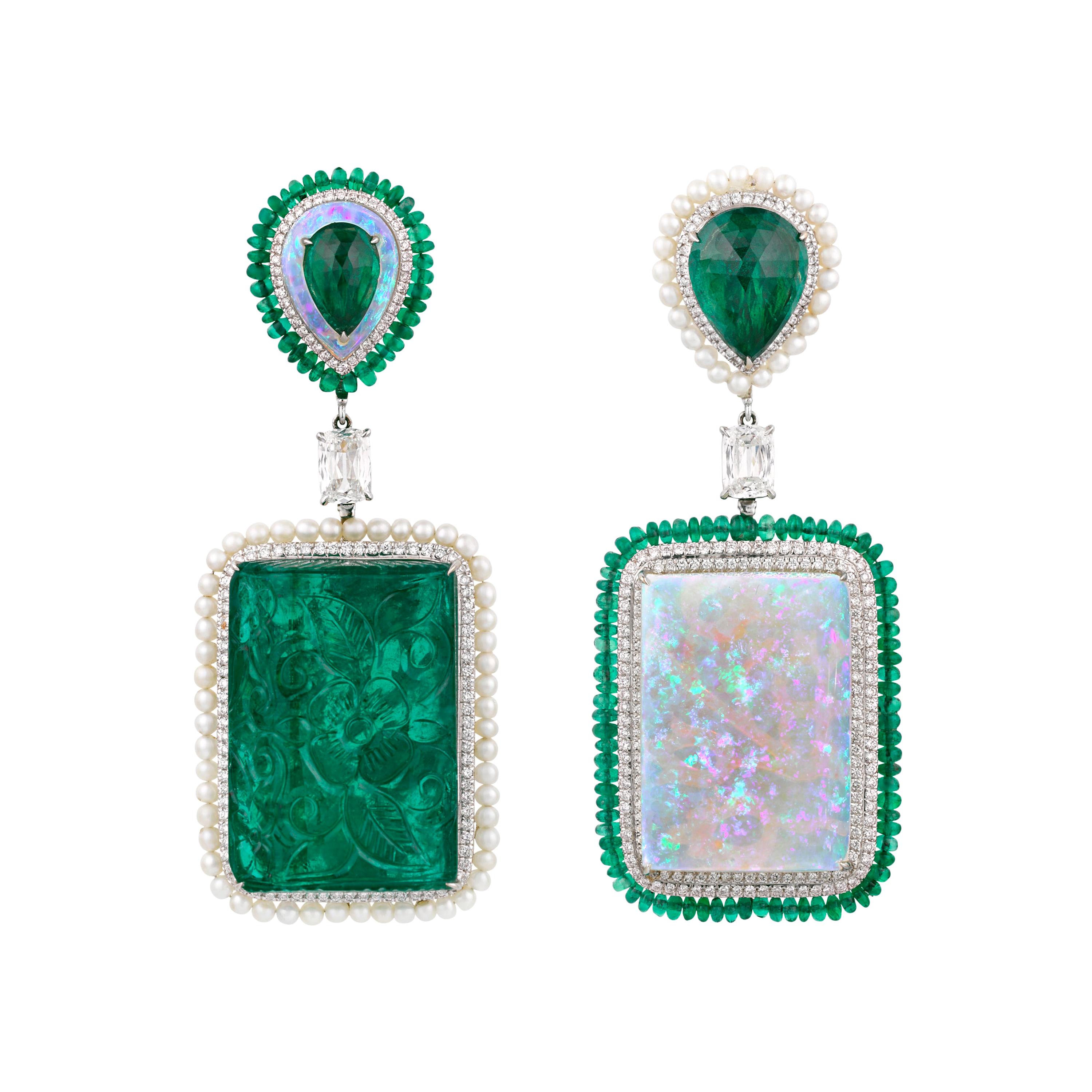 Carved Emerald, Opal and Diamond Earrings