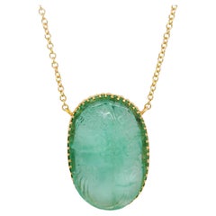 Carved Emerald oval and 18k Yellow Gold Pendant Necklace