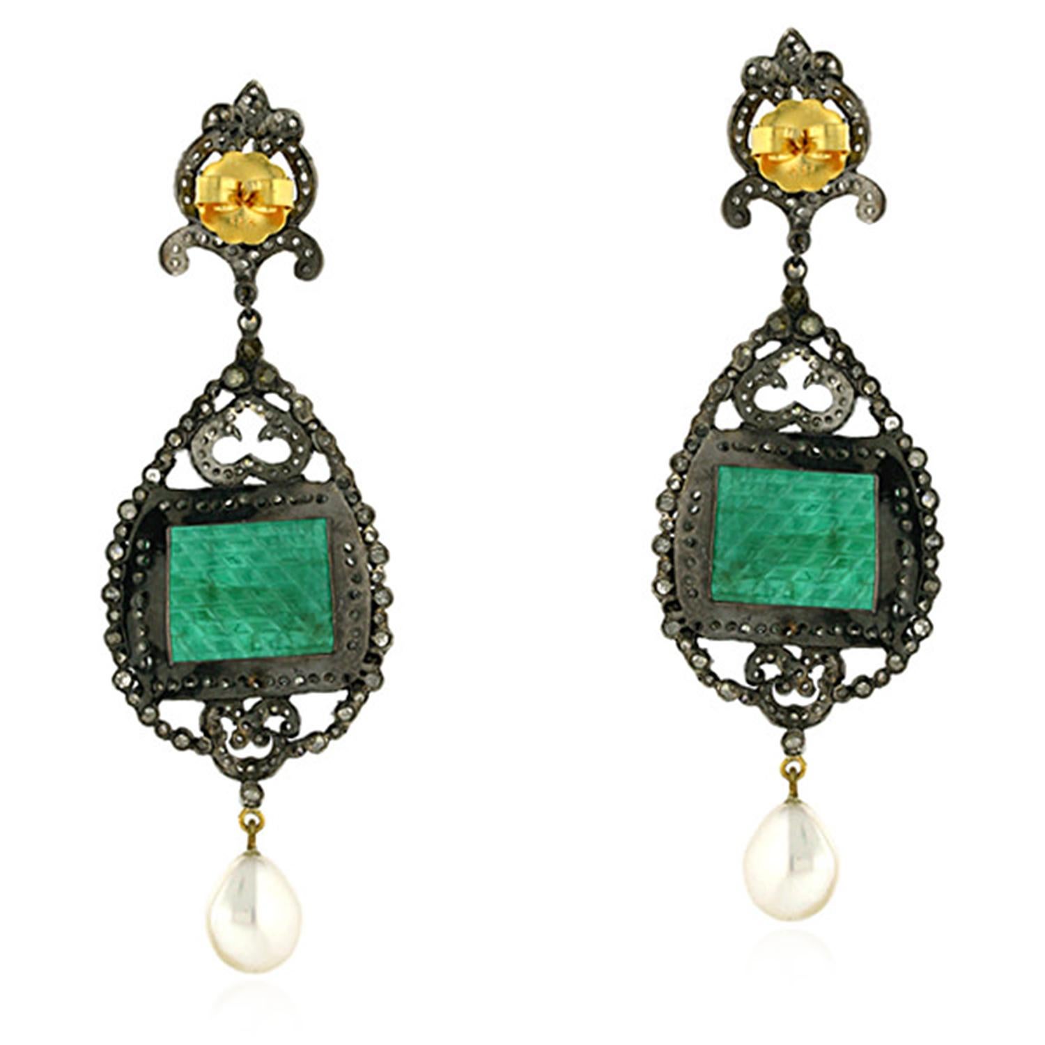 Contemporary Carved Emerald & Pearl Dangle Earrings with Diamonds Made in 18k Gold & Silver For Sale