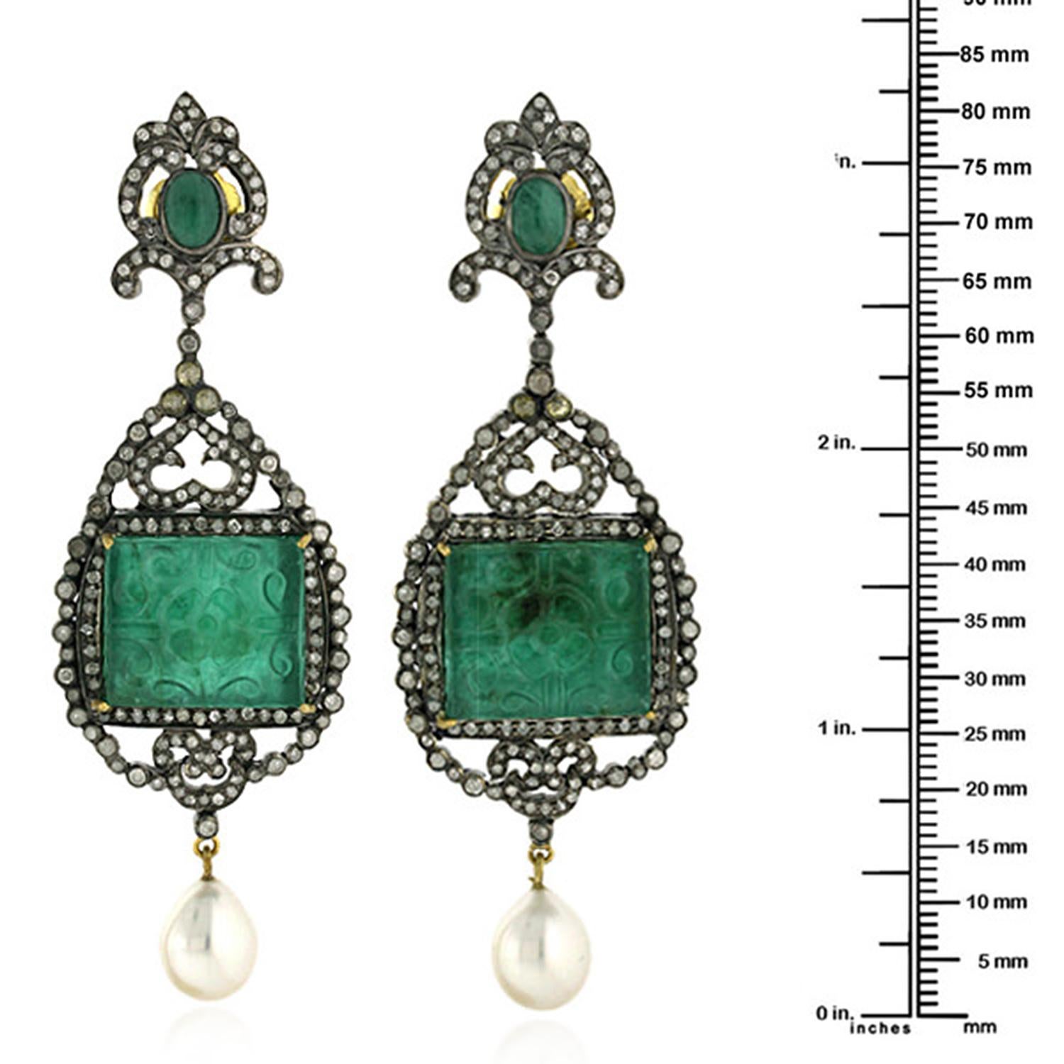 Mixed Cut Carved Emerald & Pearl Dangle Earrings with Diamonds Made in 18k Gold & Silver For Sale