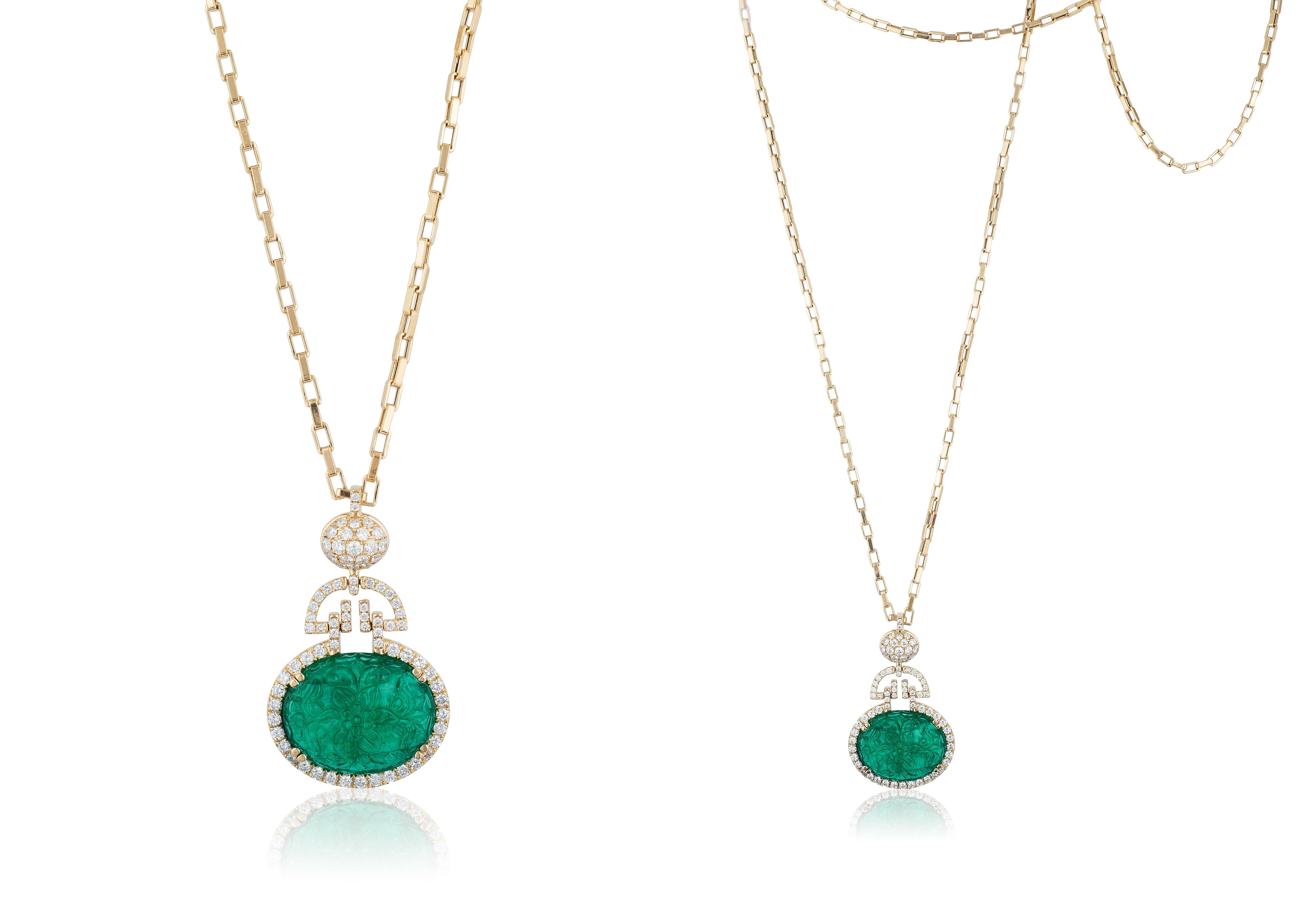 Contemporary Goshwara Carved Oval Emerald And Diamond Pendant