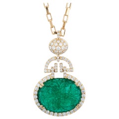 Goshwara Carved Oval Emerald And Diamond Pendant