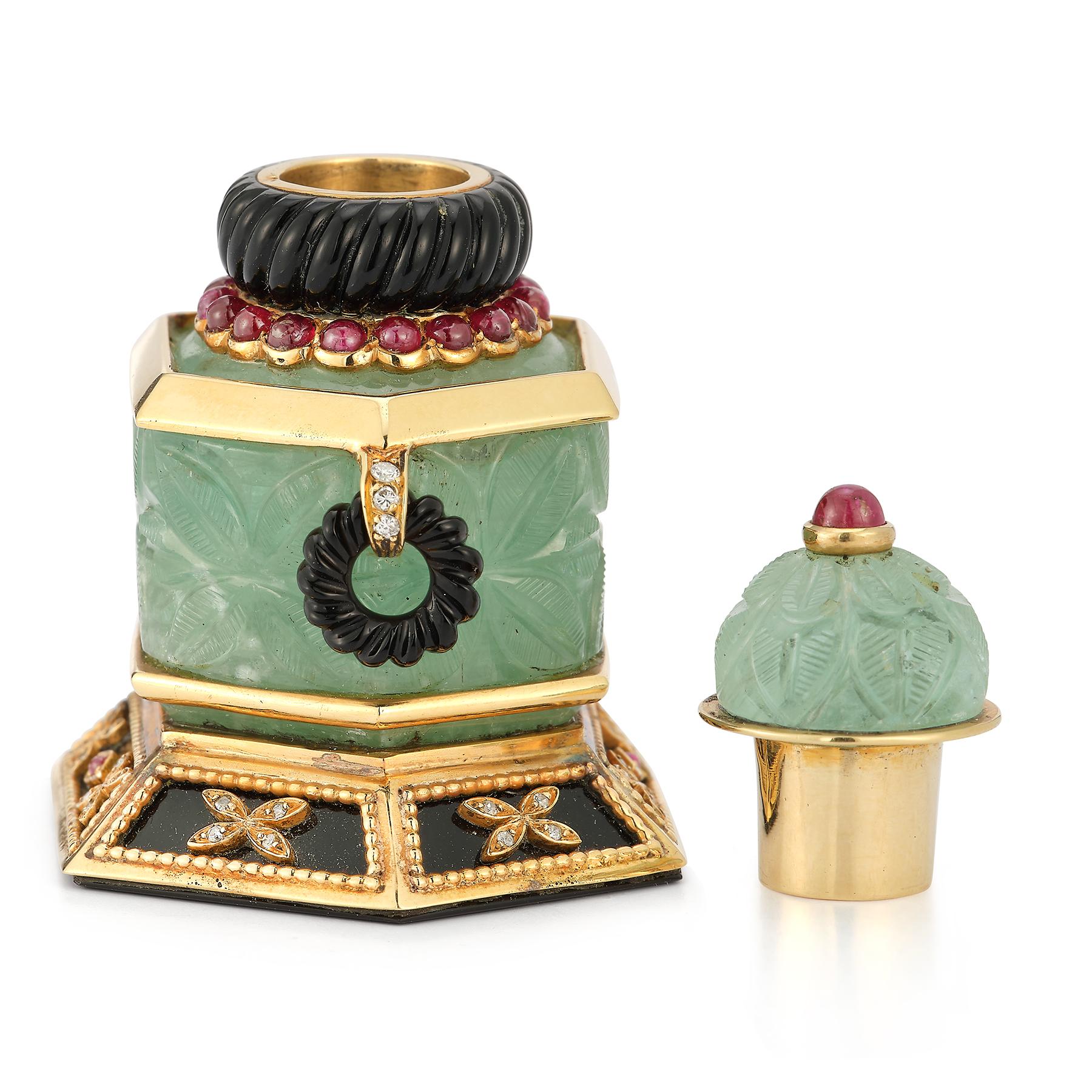 Cabochon Carved Emerald Perfume Bottle Flask by Mappin and Webb