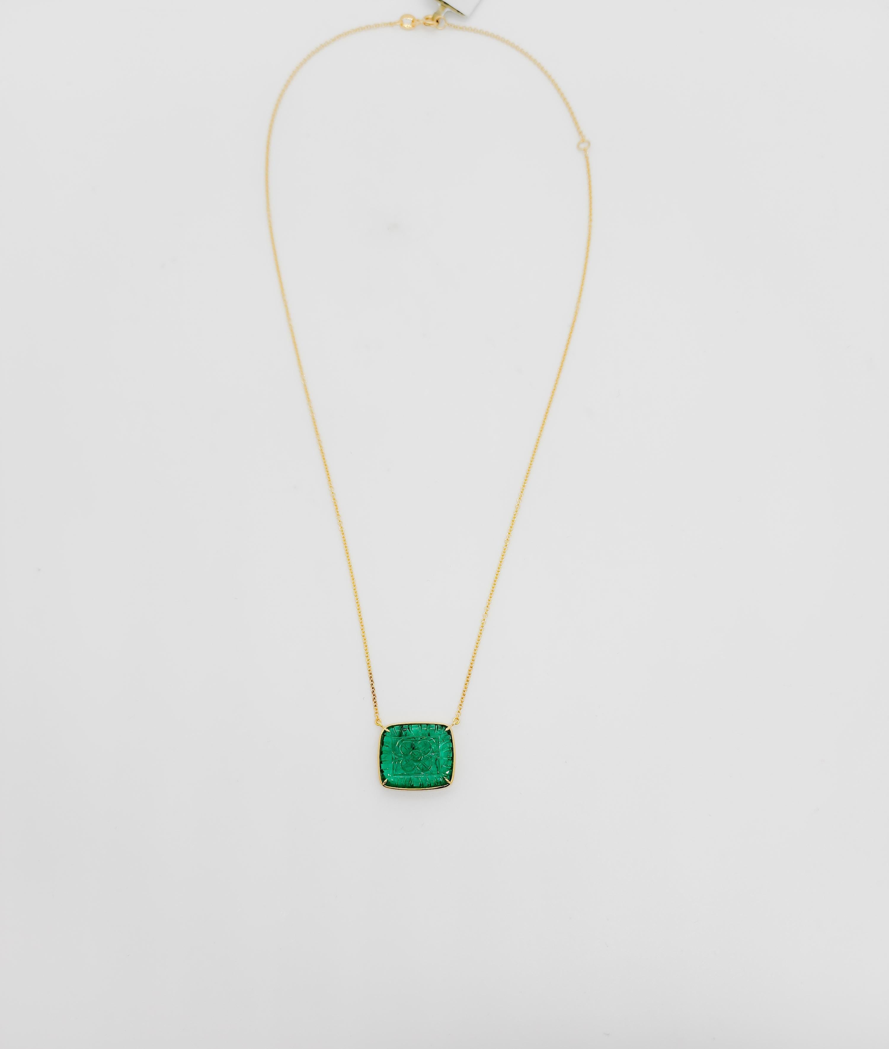 Carved Emerald Rectangle Pendant Necklace in 18k Yellow Gold 2