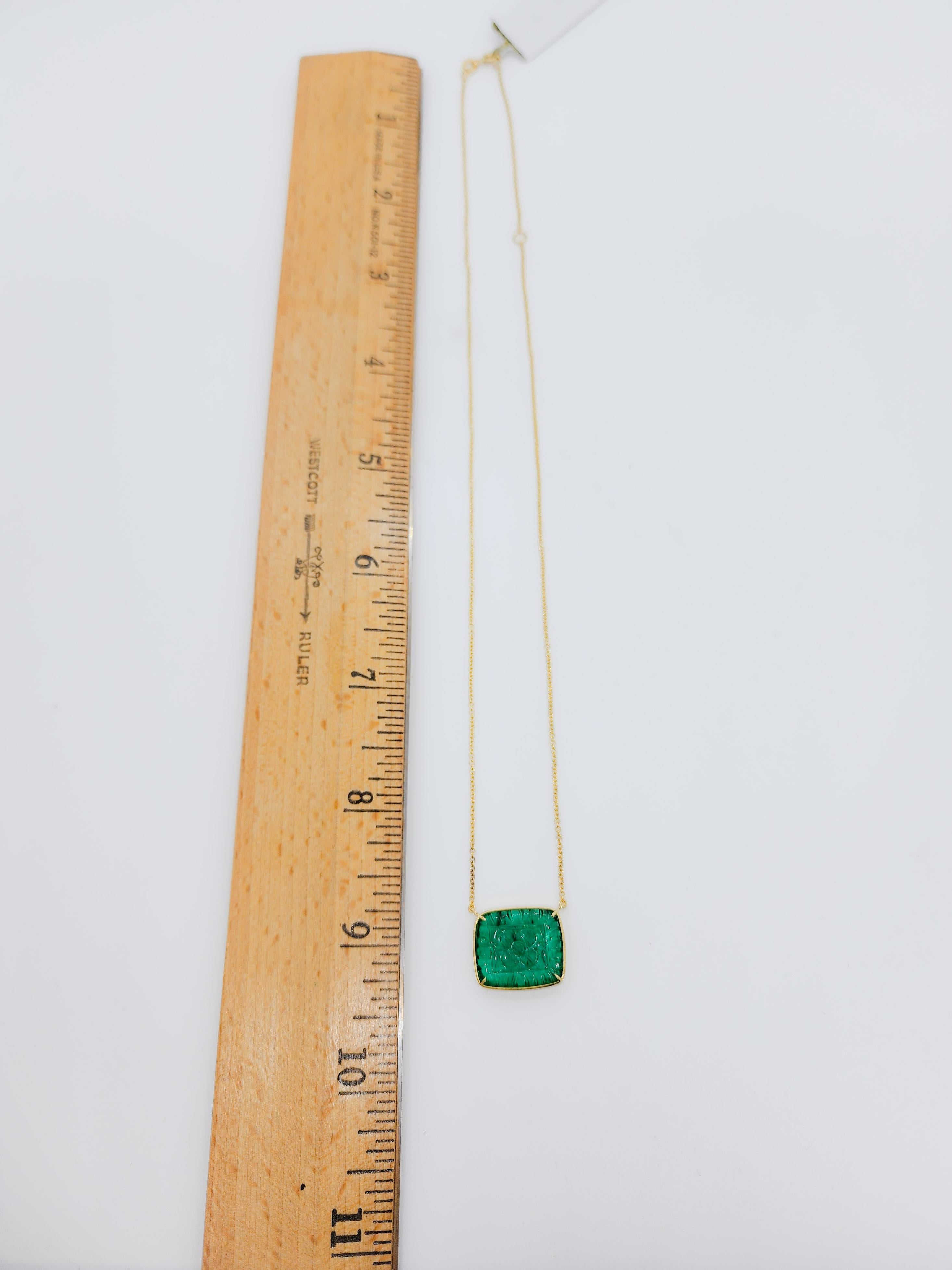 Carved Emerald Rectangle Pendant Necklace in 18k Yellow Gold 3