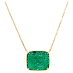 Carved Emerald Rectangle Pendant Necklace in 18k Yellow Gold