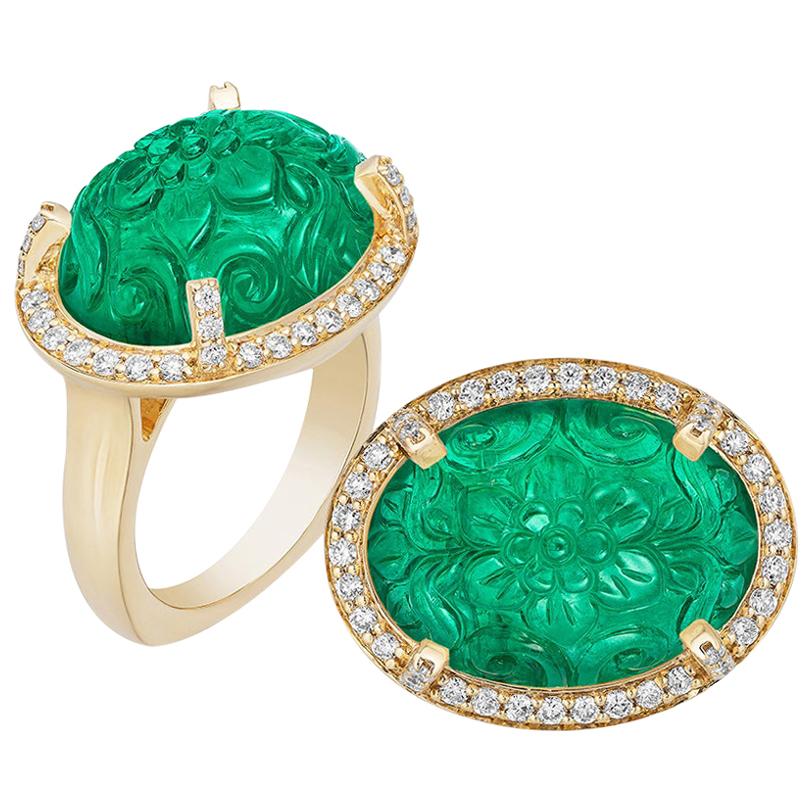 Goshwara Carved Emerald With Diamond Ring For Sale