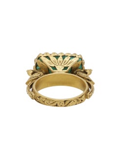 Carved Emerald Ring with Intricate Work Handcrafted Work in 22 Karat Yellow Gold